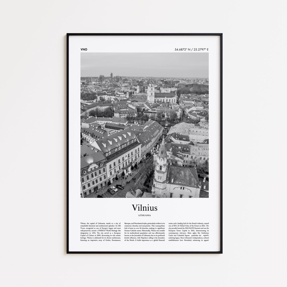 Vilnius Lithuania Old Town Aerial Black and White Photography Poster