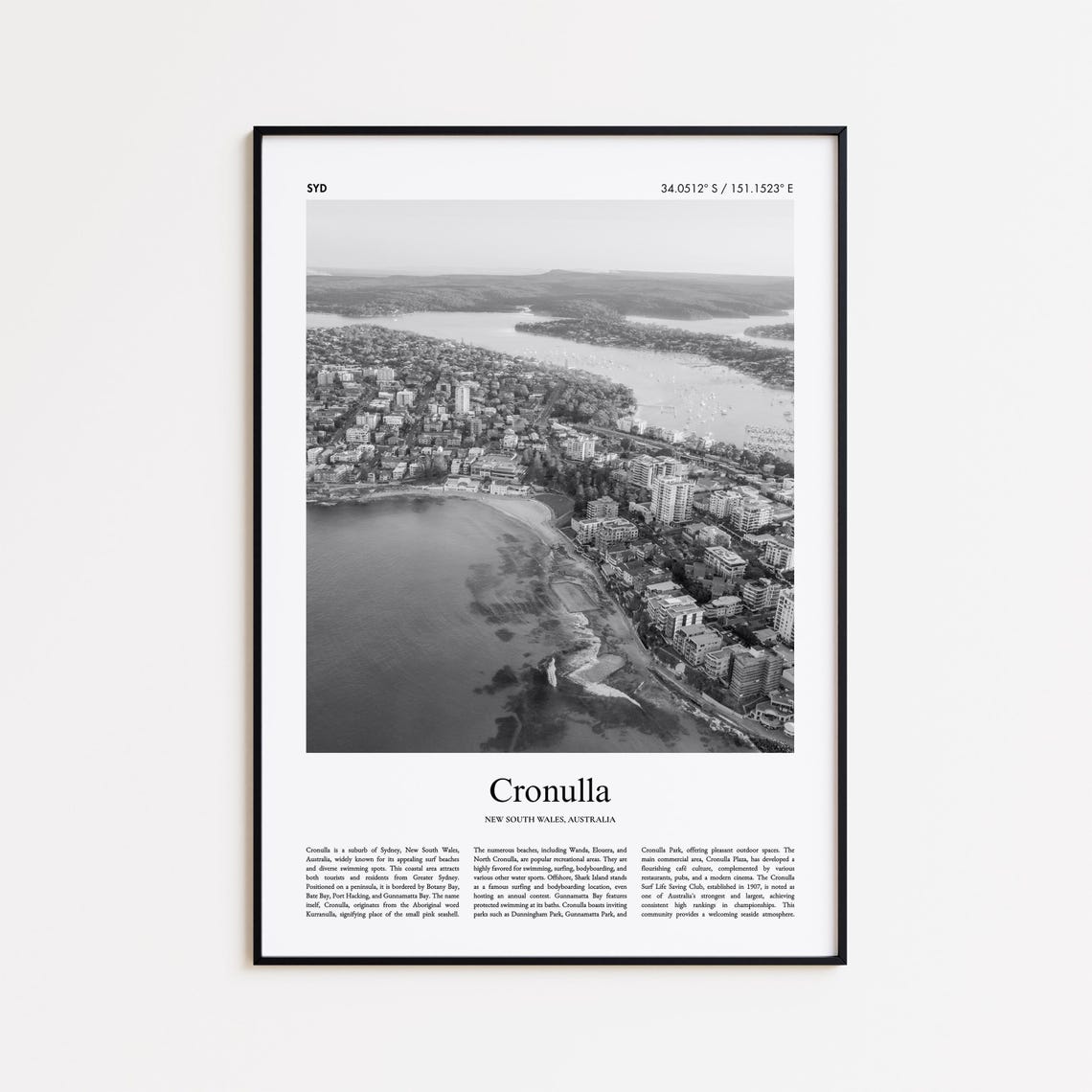 Cronulla Beach Aerial View Black and White Sydney Travel Poster