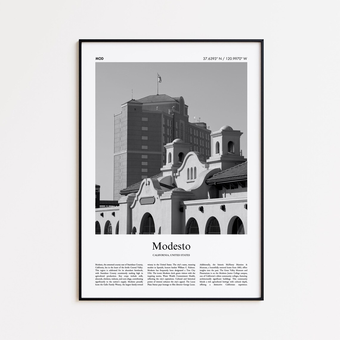 Modesto California Historic Arch Black And White Photo Travel Poster City