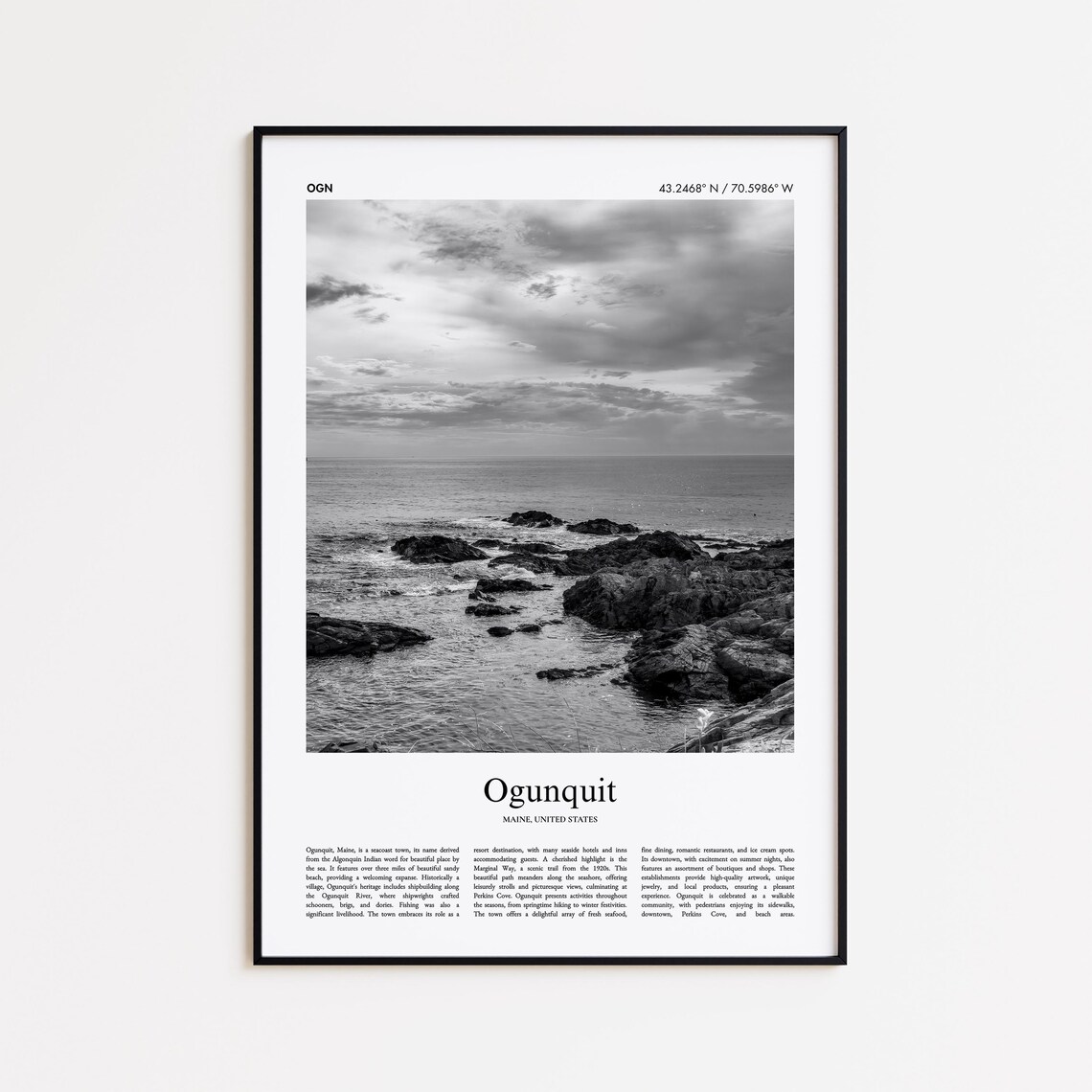 Ogunquit Maine Black and White Rocky Coast Ocean Photo Poster