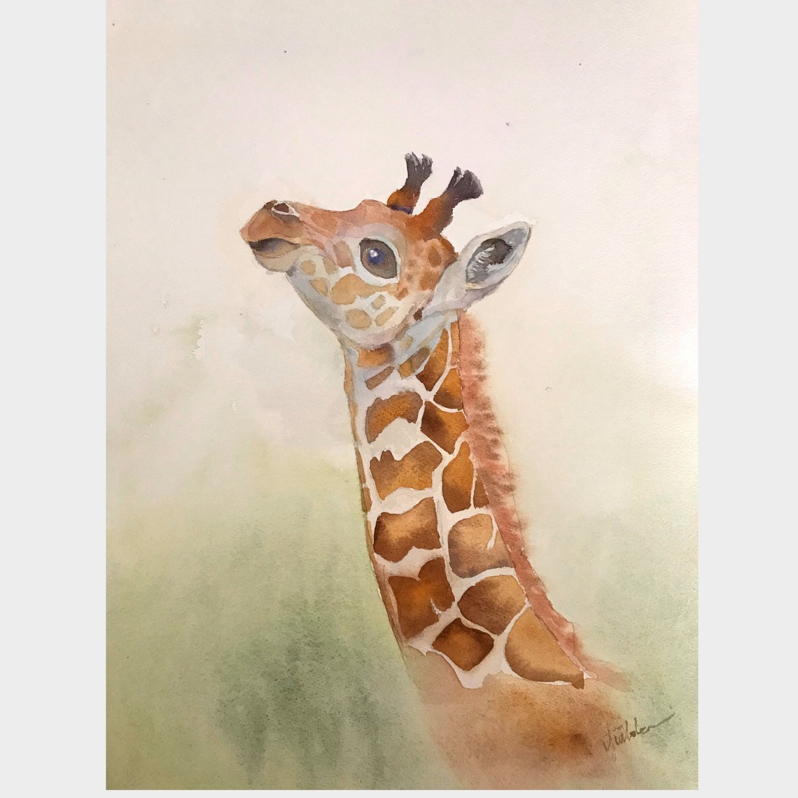 Curious Baby Giraffe Portrait in Soft Neutral Watercolor Poster - Image 2