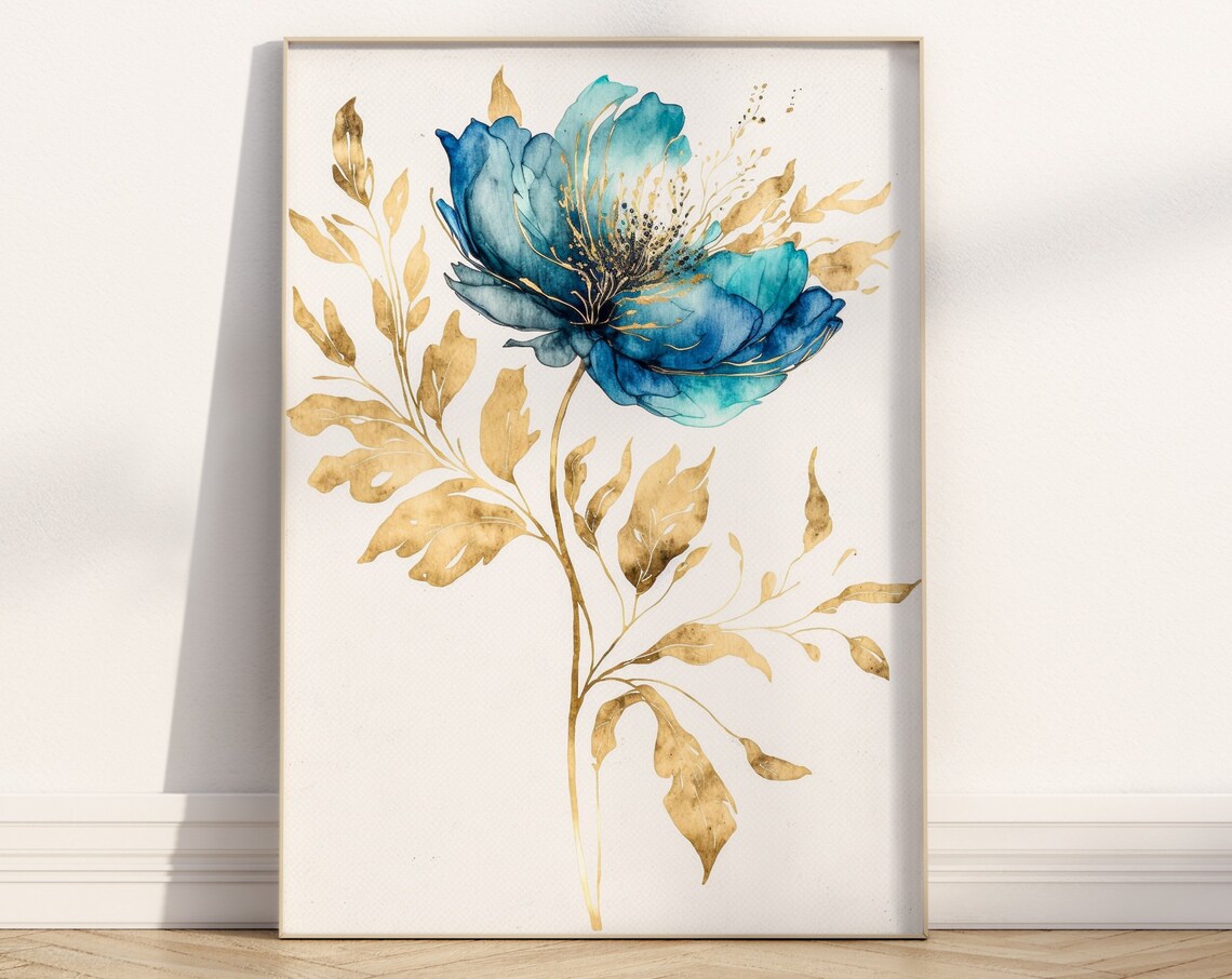 Teal Blue Flower Gold Leaves Elegant Watercolour Botanical Poster