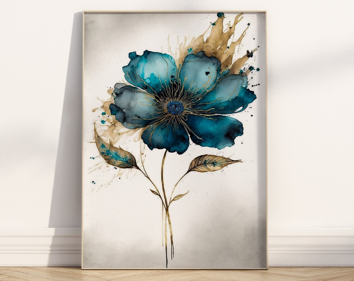 Teal Flower Gold Splash Modern Watercolour Floral Art Poster