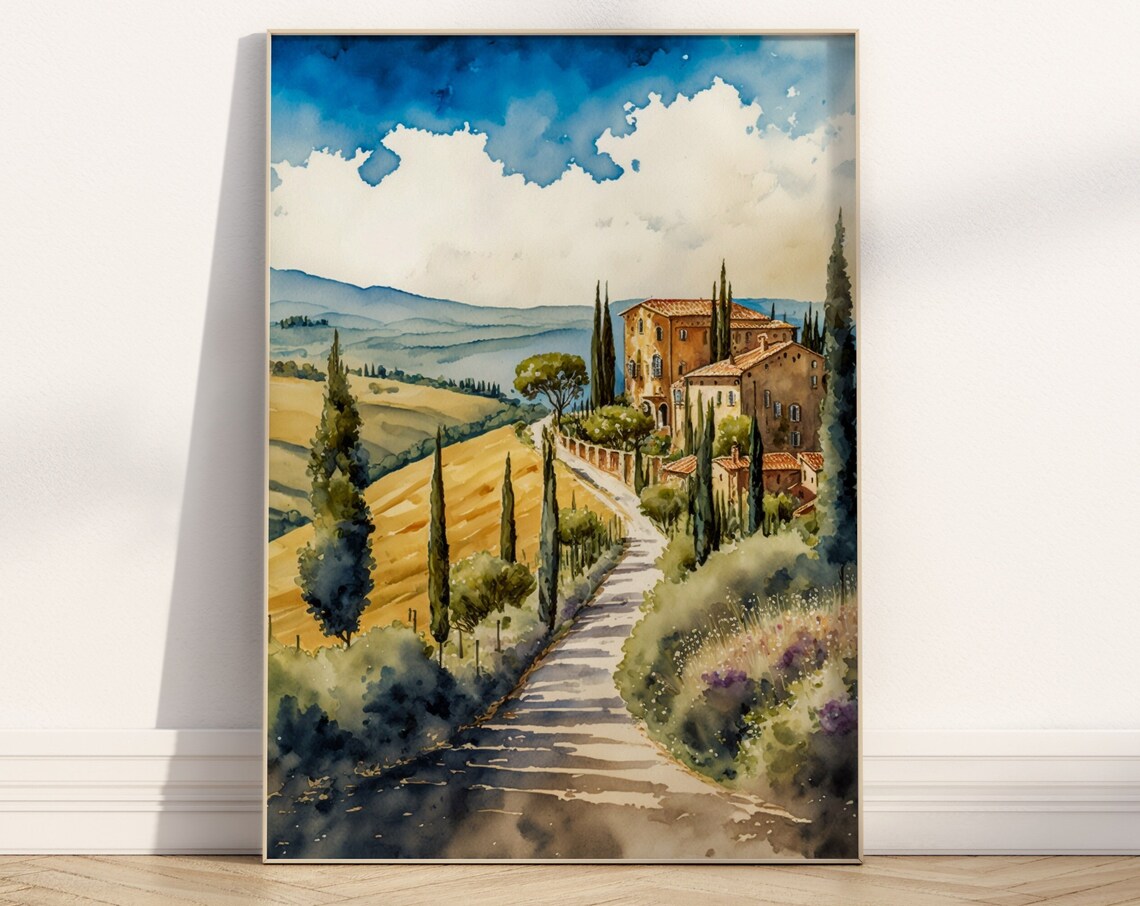Tuscan Villa Hill Cypress Road Blue Sky Watercolor Landscape Poster