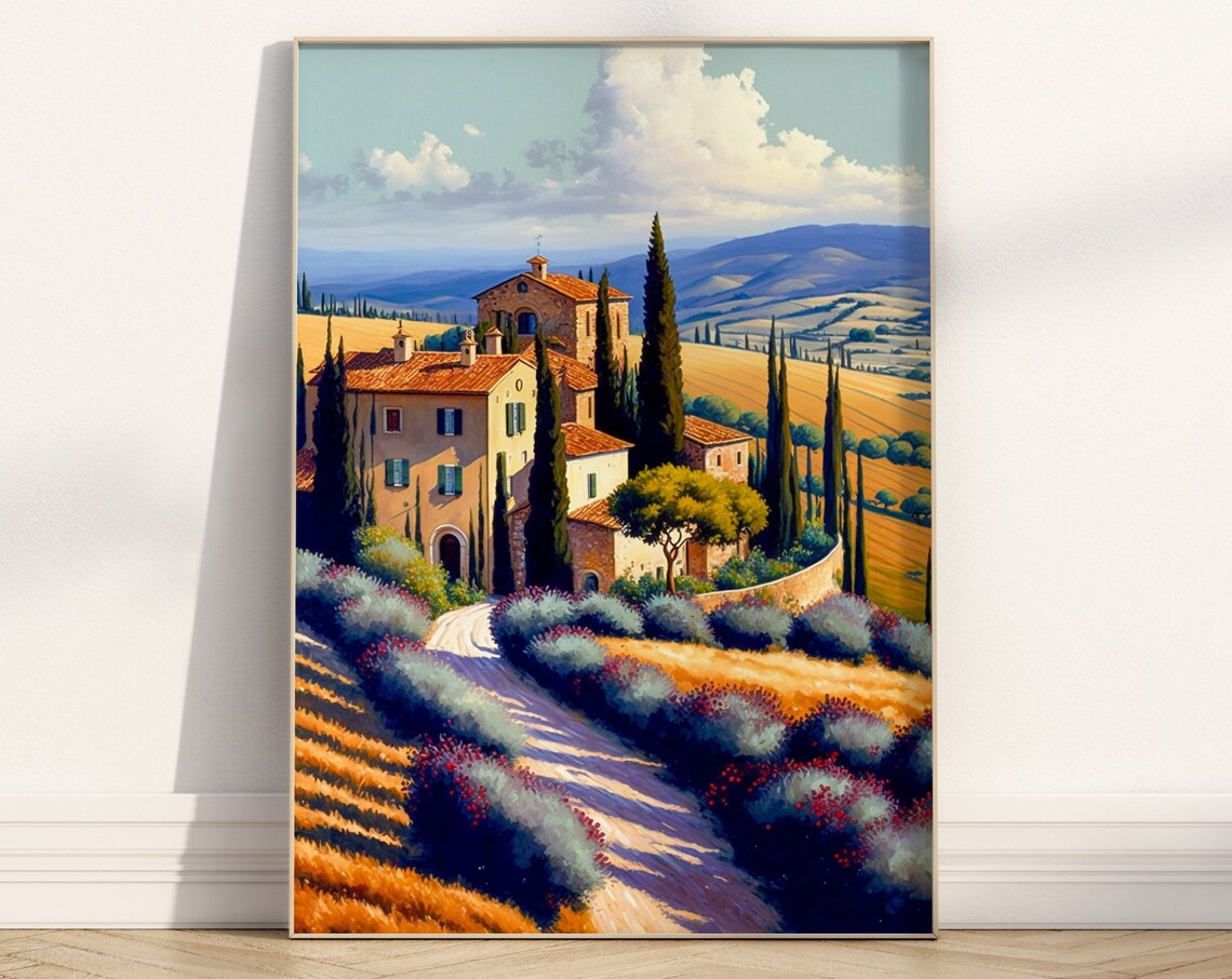 Tuscany Villa Lavender Fields Golden Hills Italian Art Poster
