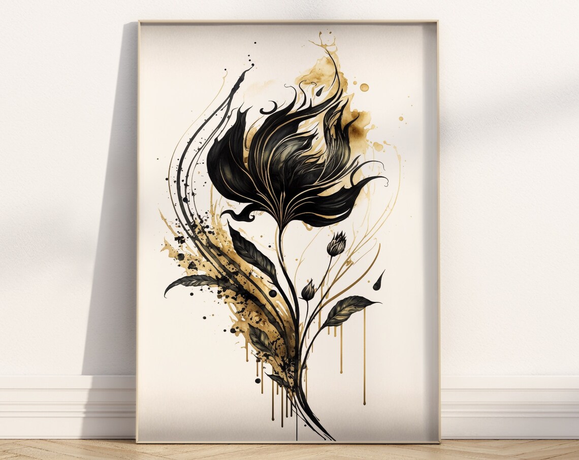 Black And Gold Abstract Flower Ink Splash Modern Artwork Poster