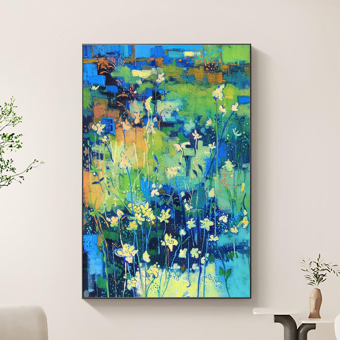 Abstract Vertical Garden With Yellow Wildflowers On Blue Green Poster