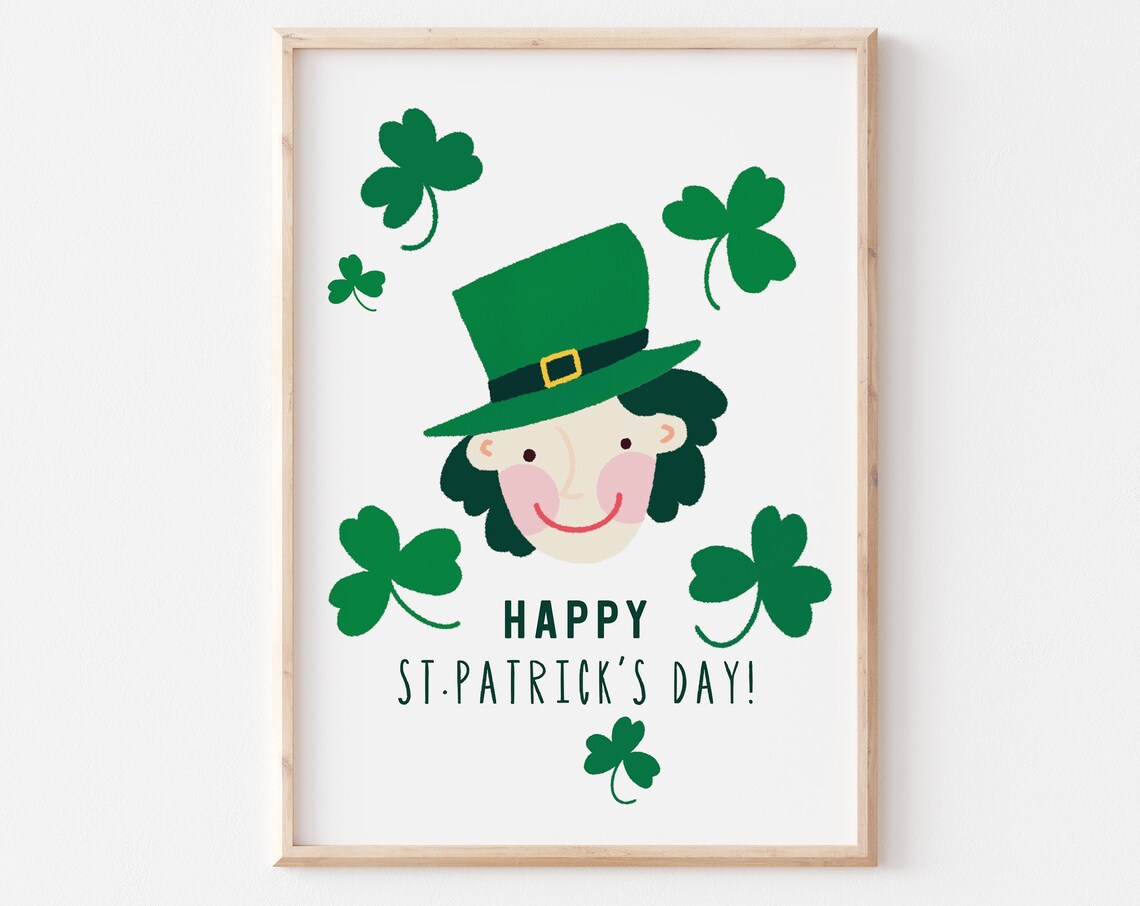 Happy St Patrick's Day Smiling Leprechaun Green Hat Shamrock Wall Art
