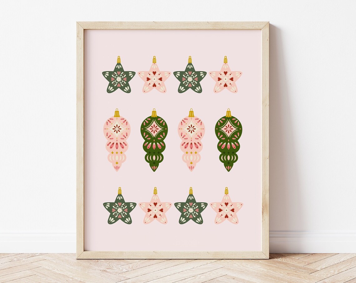 Retro Christmas Ornament Art Print, Pink Green Holiday Decor