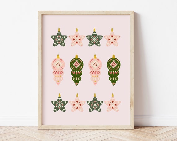 Retro Christmas Ornament Art Print, Pink Green Holiday Decor