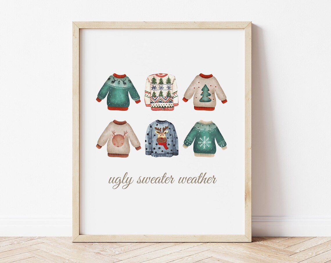 Watercolor Ugly Sweater Weather Print Christmas Sweaters Holiday Art