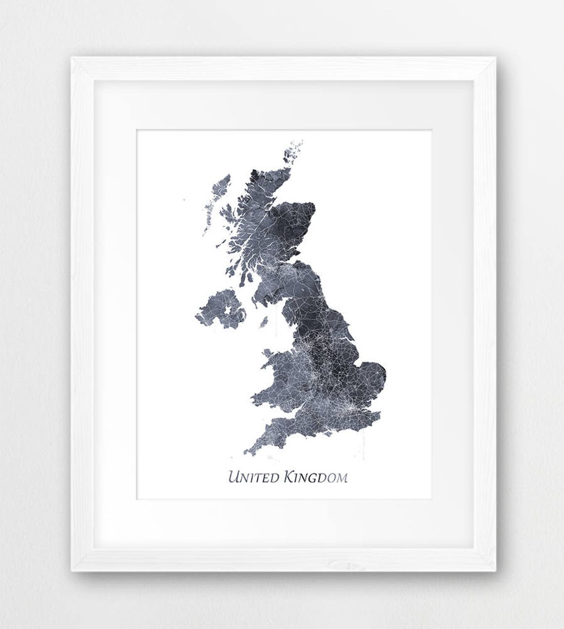 United Kingdom Modern Dark Grey Watercolor Country Map Art Poster