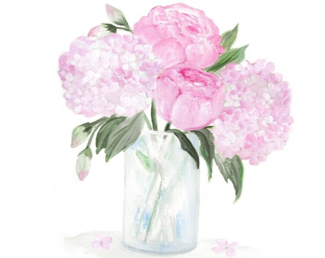 Pink Hydrangea And Peony, Watercolor Art Print