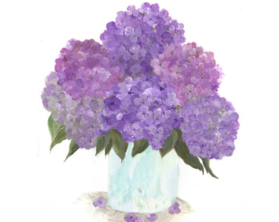 Purple Hydrangea Watercolor Floral Vase Art Print