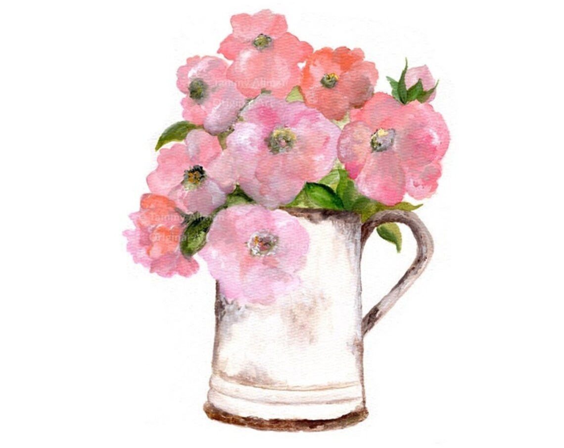 Blush Pink Wildflowers in Enamel Watering Can Watercolor Poster