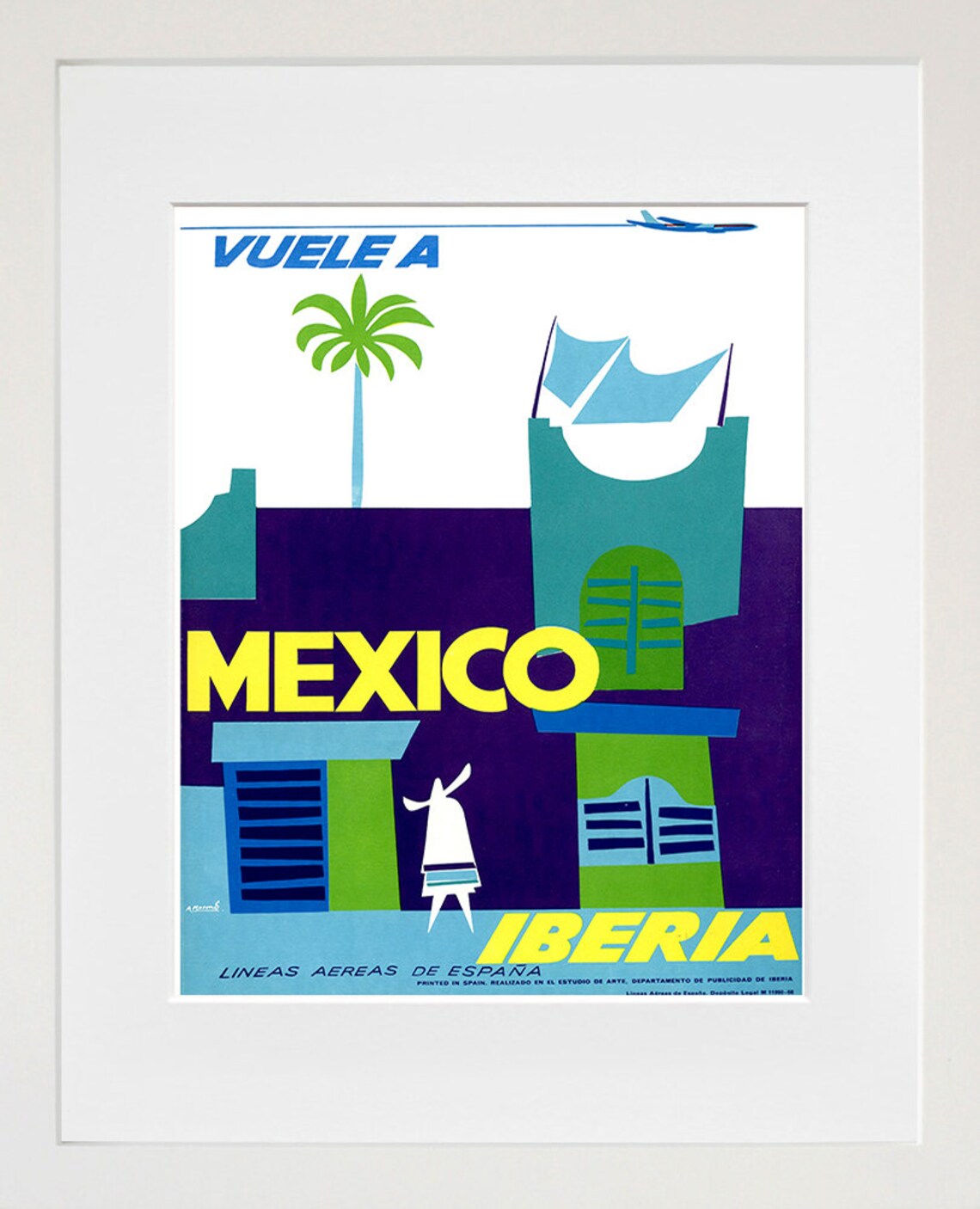 Vuele a Mexico Iberia Vintage Airline Travel Poster Modernist Palm