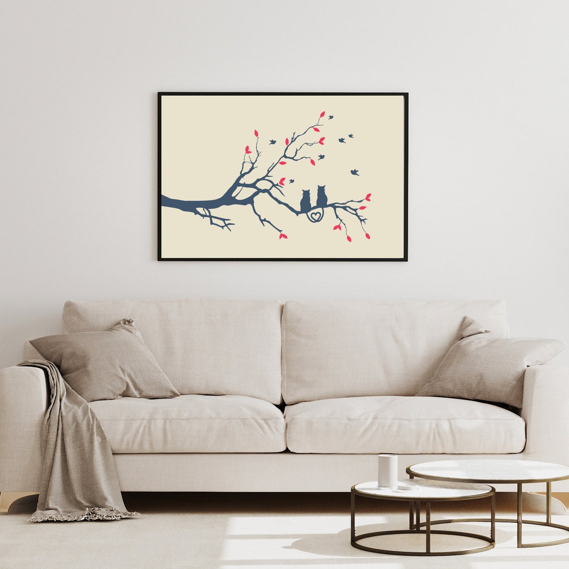 Two Cats on Branch Love Art Print Romantic Cat Couple Silhouette Decor - Image 3