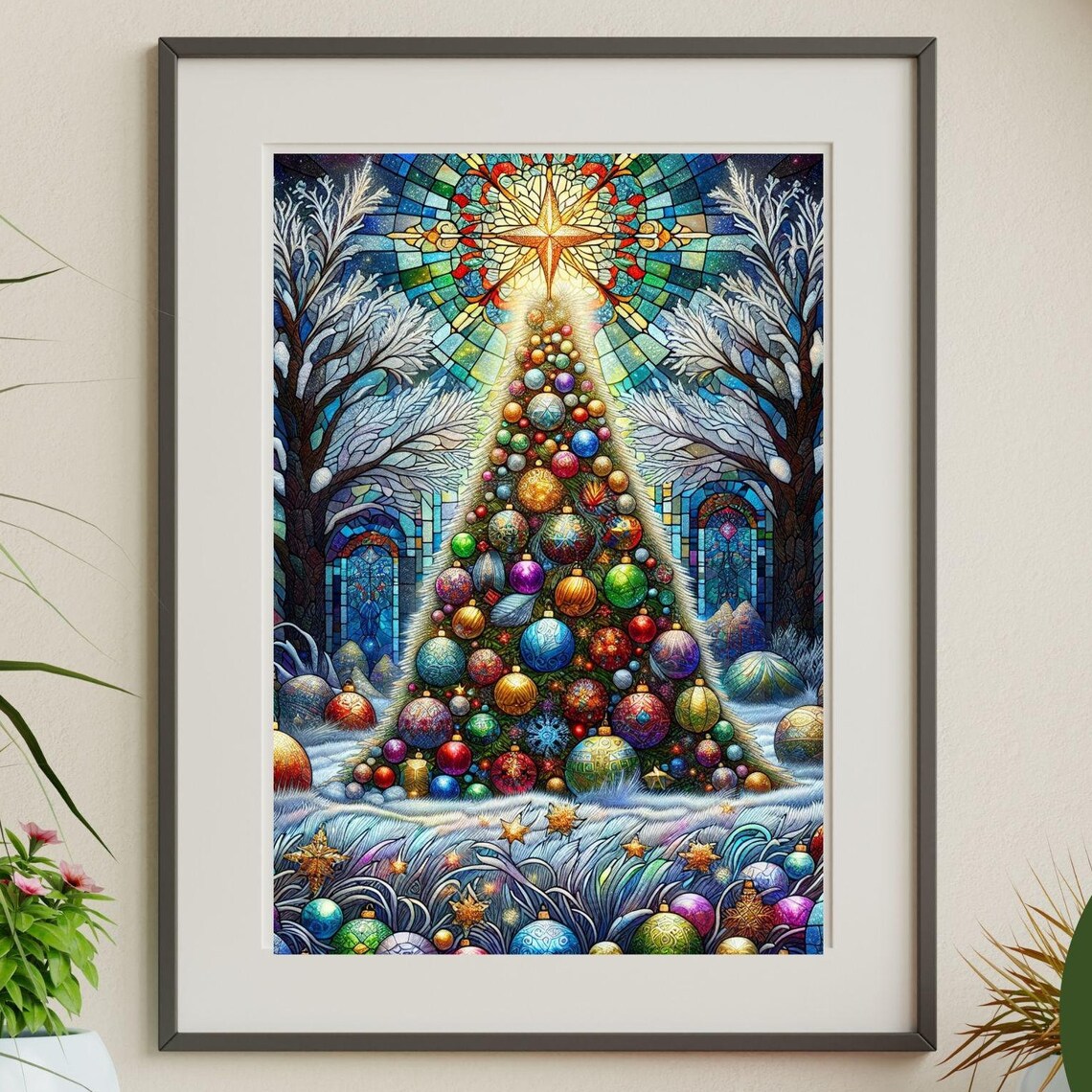 Stained Glass Style Christmas Tree Ornaments Starry Night Poster