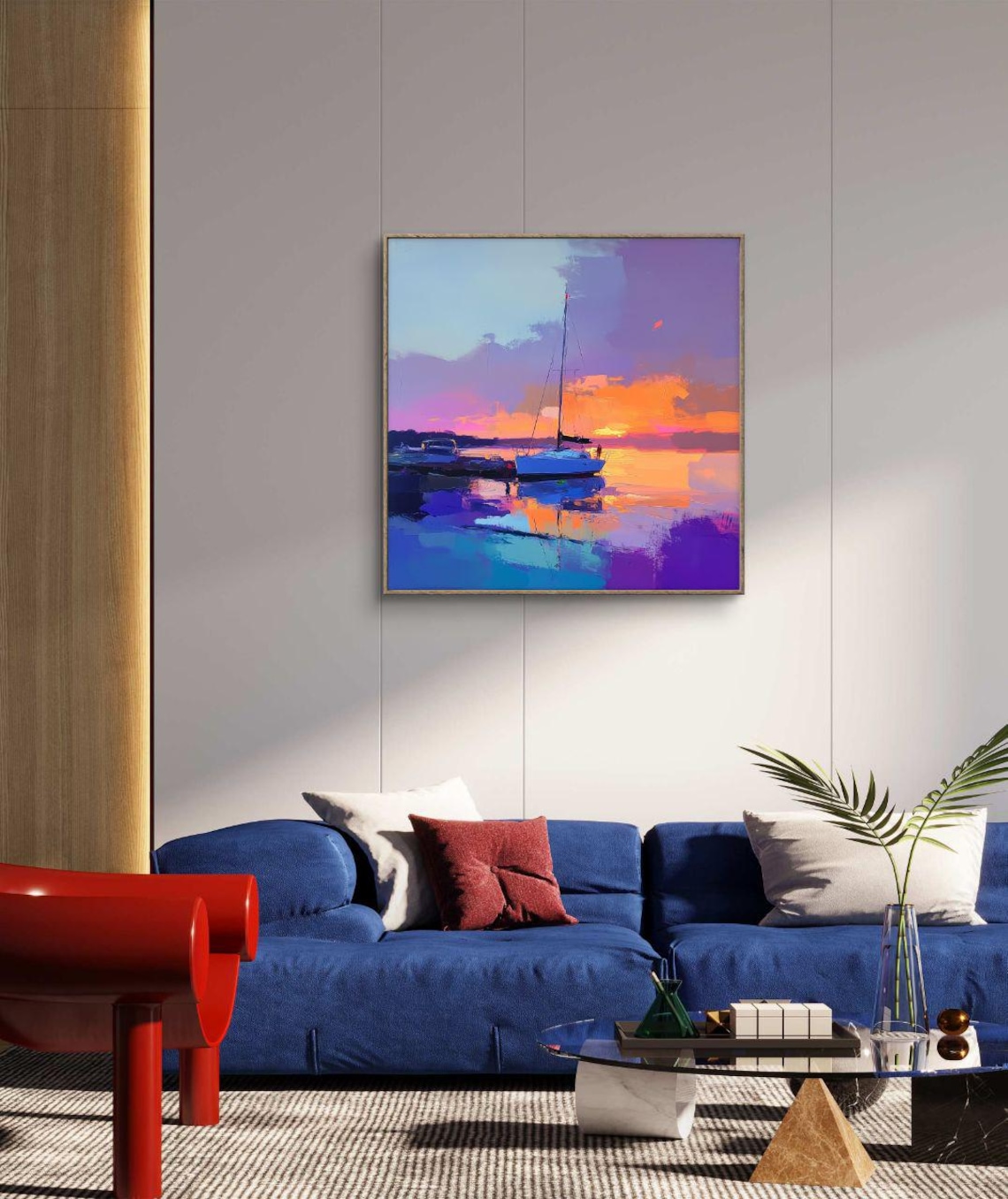 Sailboat At Sunset Painting, Tranquil Marina Scene