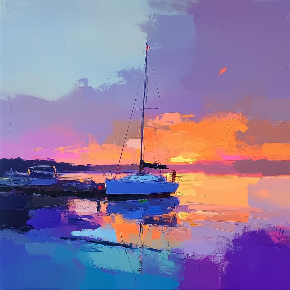 Sailboat At Sunset Painting, Tranquil Marina Scene - Image 2