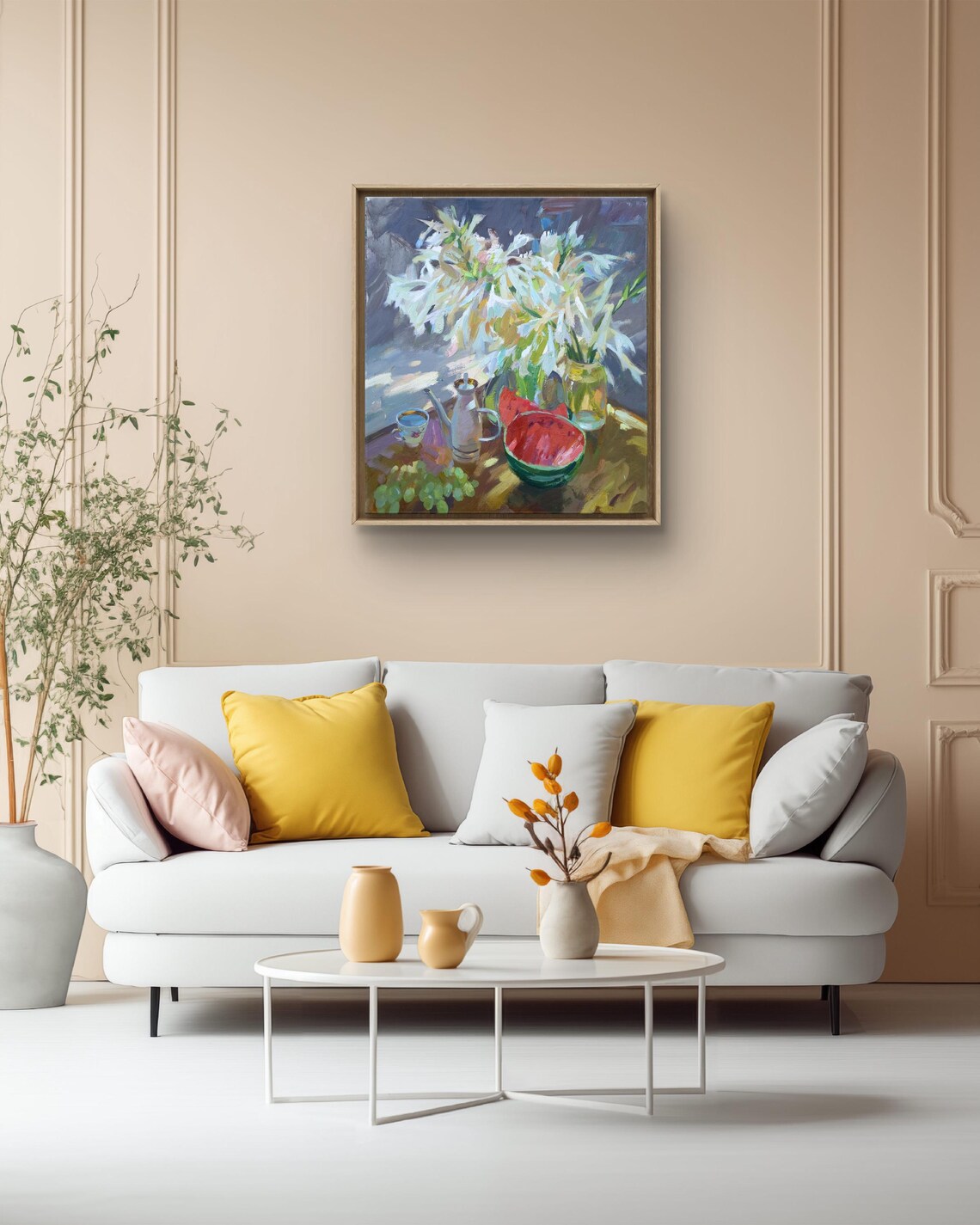 Still Life With White Lilies, Watermelon And Grapes