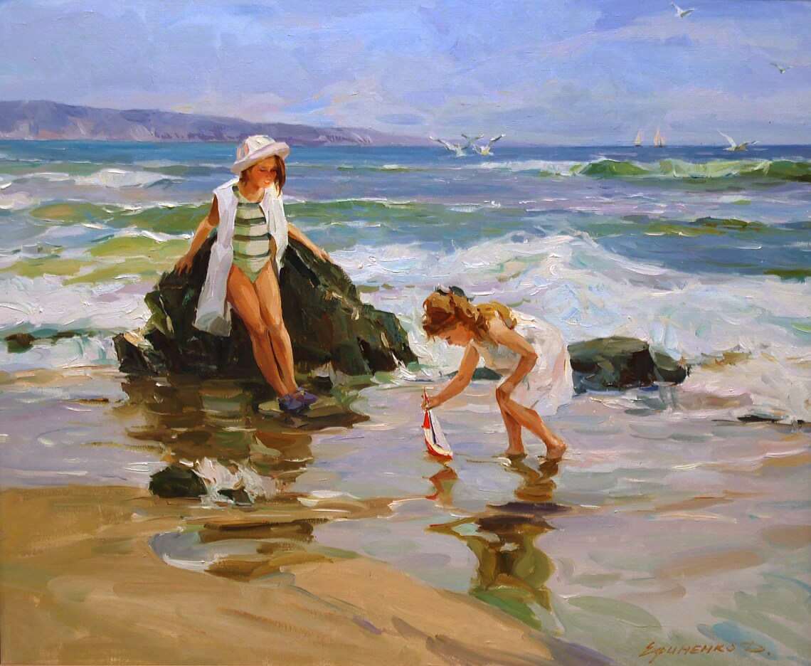 Beach Art, Original Oil Painting Of Children By The Sea - Image 3