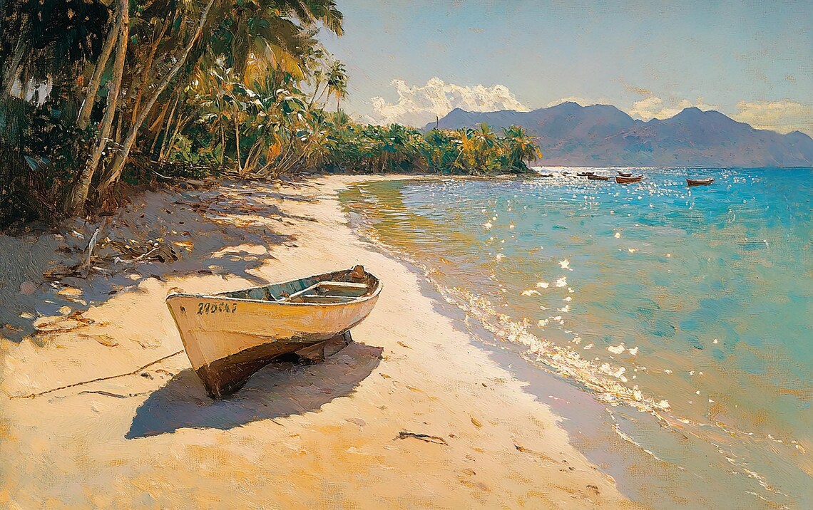 Golden Shoreline Tropical Beach, Sunlit Waves - Image 3