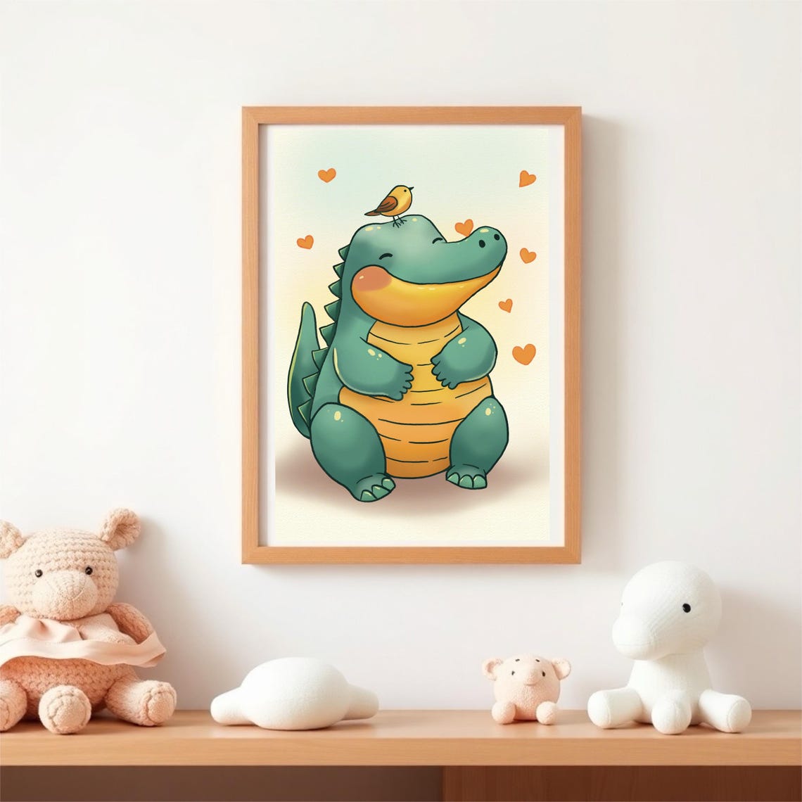 A Cute Little Dino Friend With Birdie Poster For Nursery Or Children Room