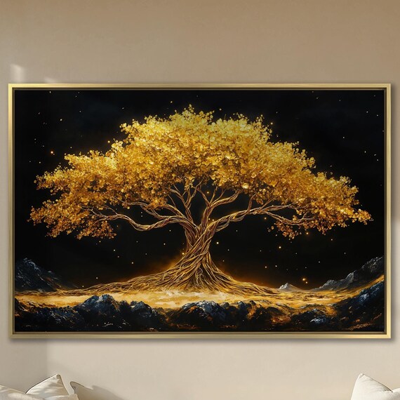 Large Golden Tree Of Life Wall Art Mystical Tree Painting Print Luxurious Wall Decor Abstract Nature Poster Ready To Hang Gift Idea