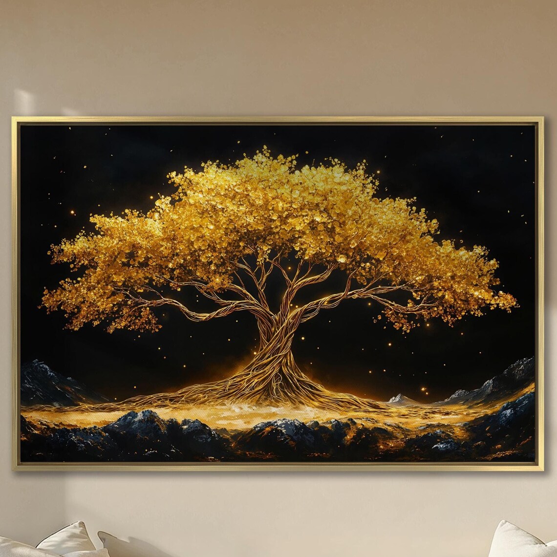Golden Tree of Life Under Starry Night Sky Mystical Art Poster