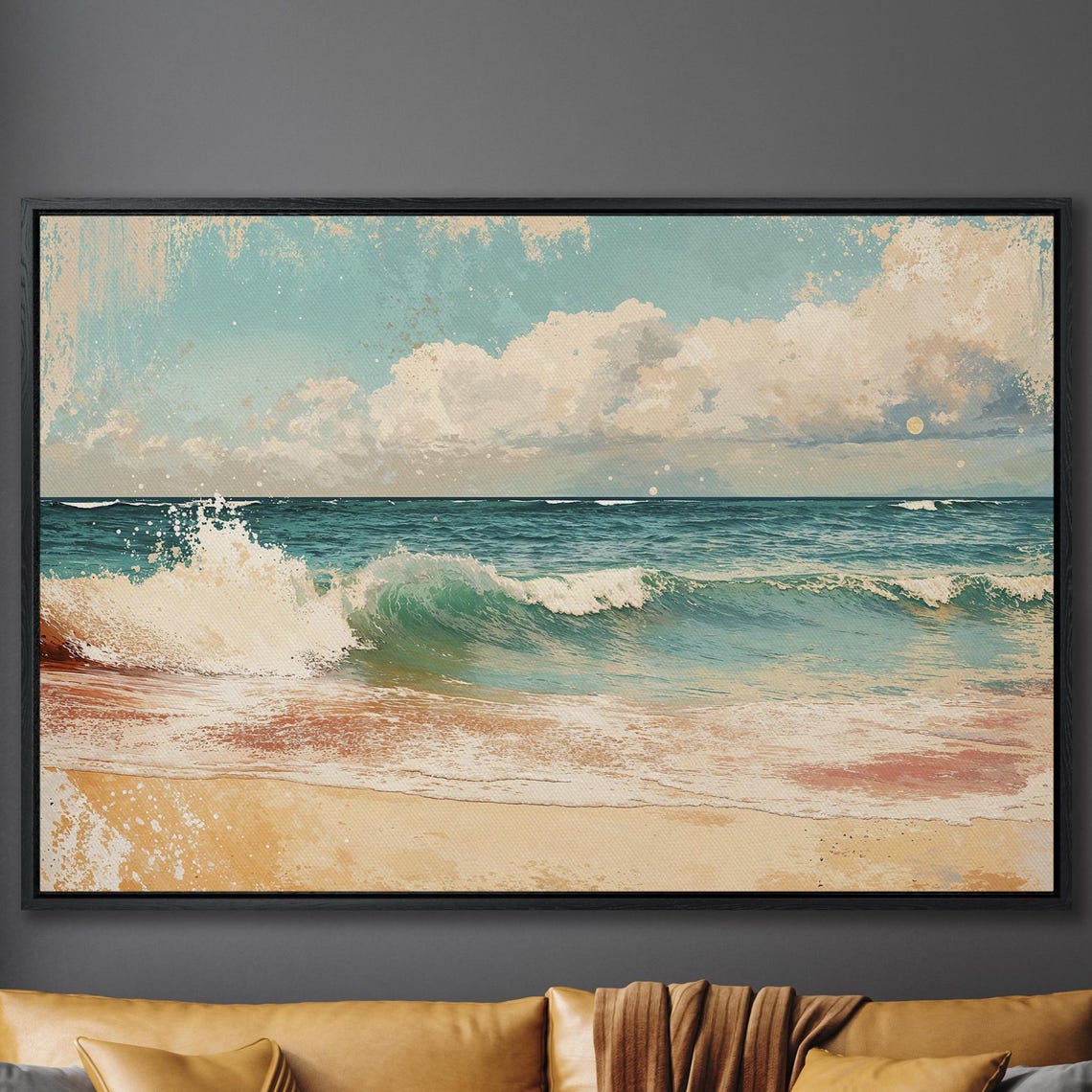 Turquoise Wave Breaking on Warm Sandy Beach Vintage Style Poster