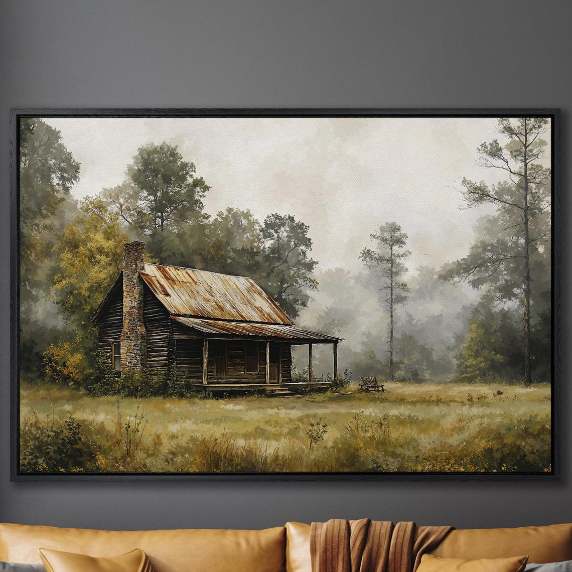 Weathered Log Cabin With Rusty Tin Roof In Misty Forest Poster