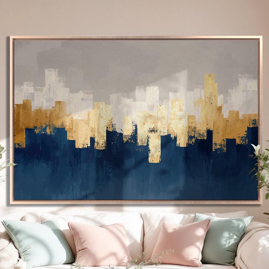 Abstract Gold and Navy City Blocks Skyline Modern Luxury Art Poster