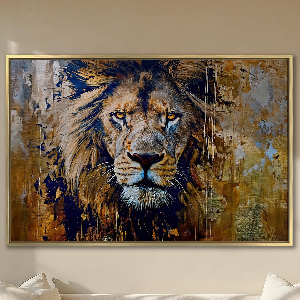 Lion Portrait Golden Brushstrokes Amber Eyes Wildlife Wall Art