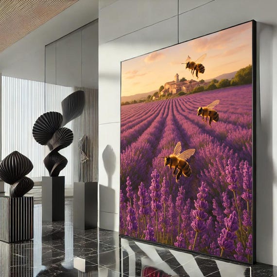 Lavender Field And Bees Canvas Wall Art Print Serene Nature Landscape Living Room Decor Ready To Hang