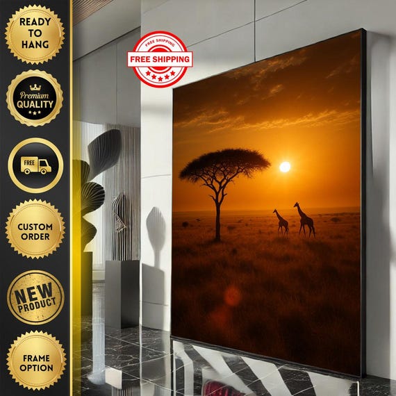 Majestic African Sunset Safari Canvas Wall Art Print Warm Living Room Decor Ready To Hang Statement Piece