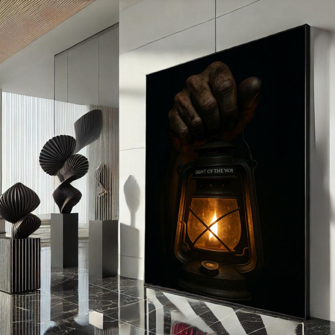 Weathered Hand Holding Lit Oil Lantern Dark Moody Rustic Antique Wall Poster