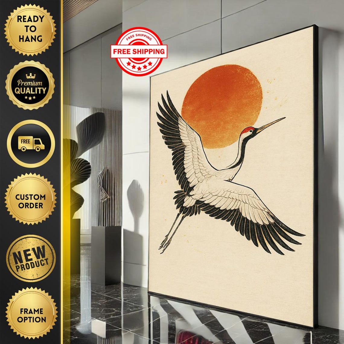 Soaring Red Crowned Crane Orange Sun Cream Paper Bird Art Poster