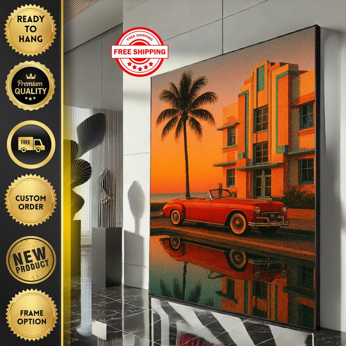 Retro Miami Beach Art Deco Vintage Convertible Sunset Poster