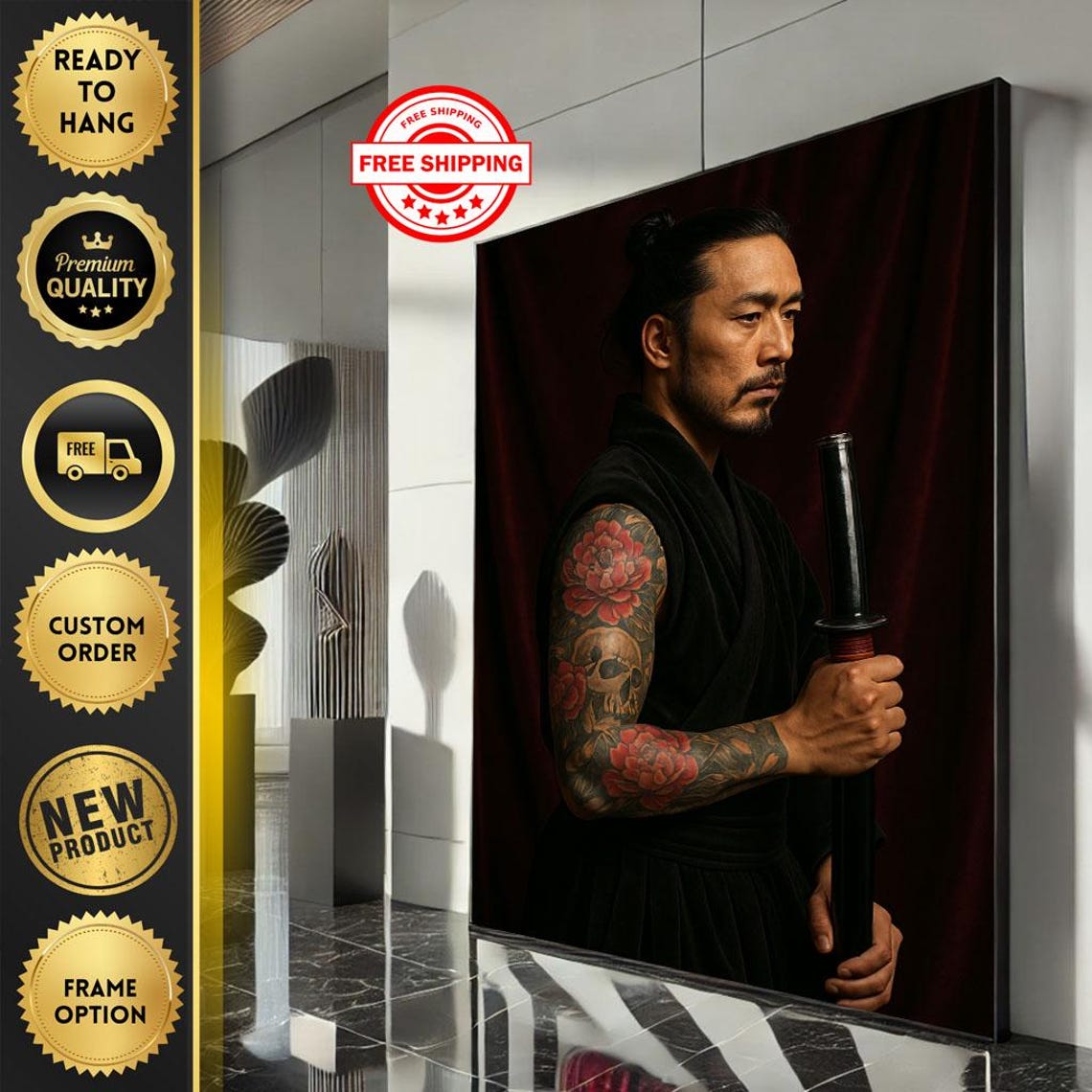 Powerful Tattooed Samurai Warrior Holding Sword Dark Portrait Poster