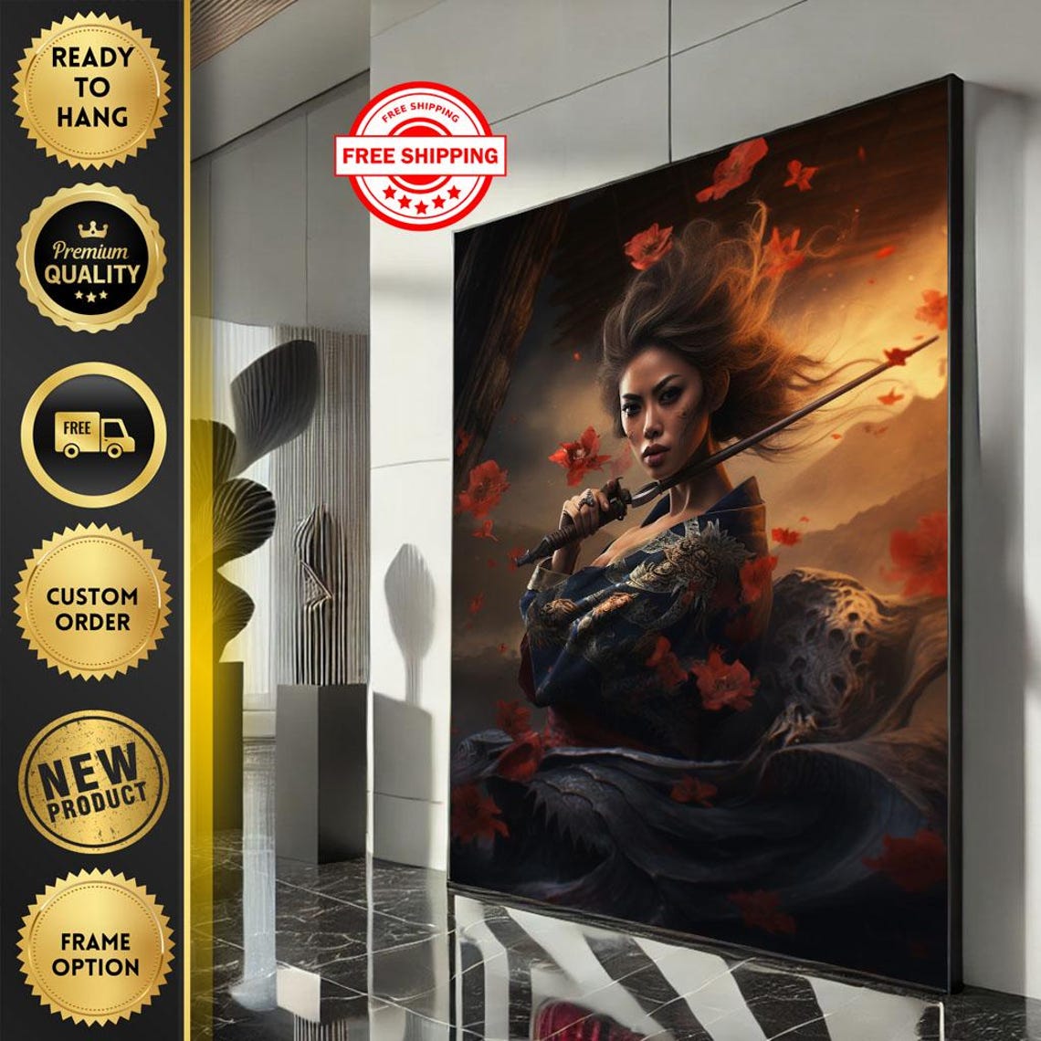 Samurai Woman With Katana Red Petals Sunset Warrior Art Poster