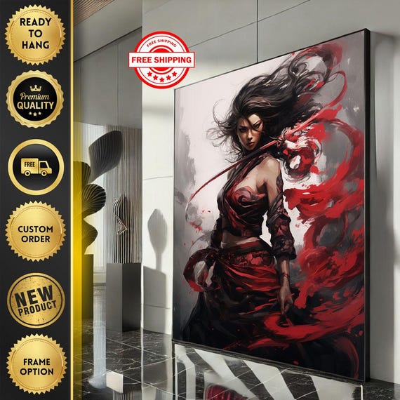 Fierce Warrior Woman Canvas Wall Art Print Red And Black Living Room Decor Statement Piece