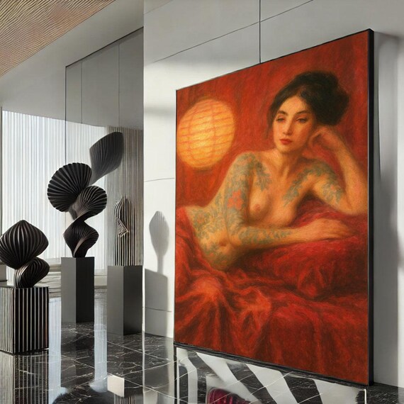 Tattooed Woman Red Lantern Impressionist Boudoir Portrait Art Poster