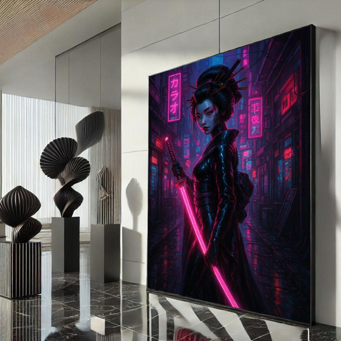Cyberpunk Geisha Neon Katana Futuristic Tokyo Night Art Poster