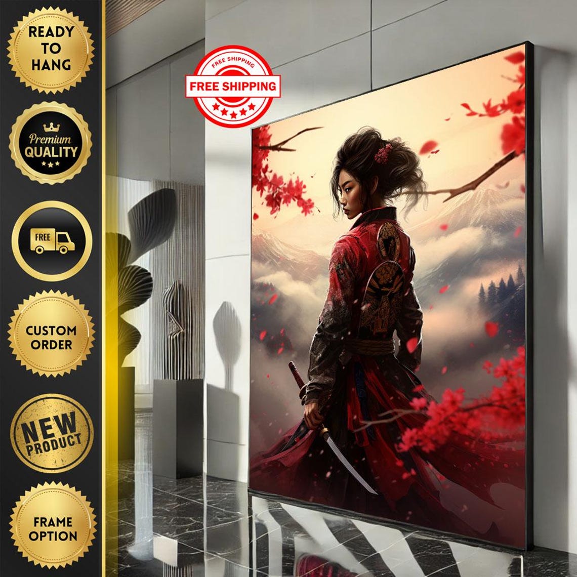 Samurai Warrior in Red Robe with Katana Cherry Blossom Sunset Poster