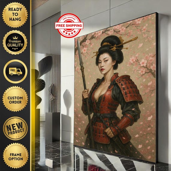 Japanese Warrior Woman Canvas Wall Art Print Cherry Blossom Living Room Decor Ready To Hang Statement Piece