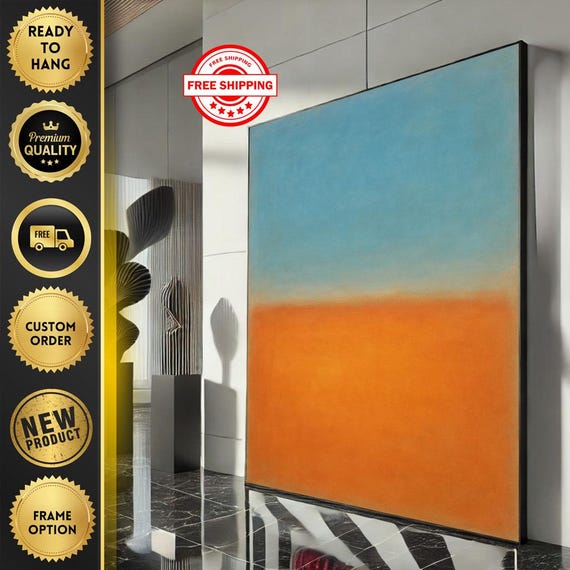 Mark Rothko Inspired Blue And Orange Canvas Bold Color Field Painting For Modern Living Room Decor Ready To Hang