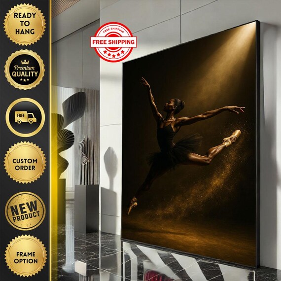 Black Ballerina Mid Leap Golden Spotlight Dramatic Dance Poster