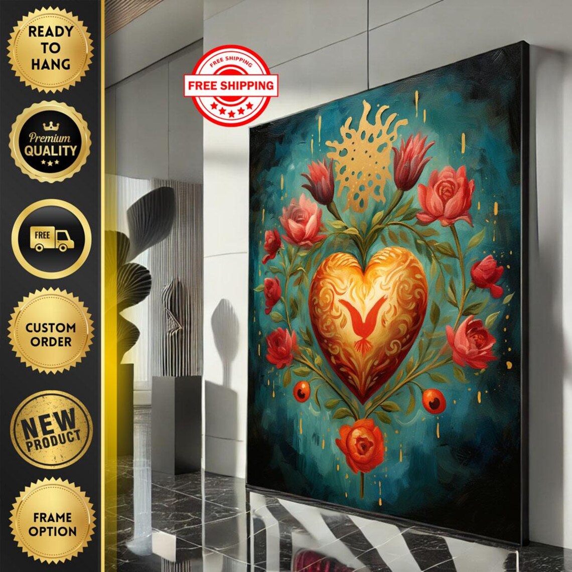 Golden Sacred Heart With Red Bird And Roses On Teal Art Poster