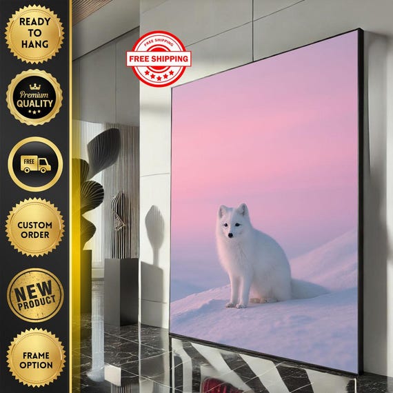 Serene Arctic Fox Canvas Wall Art Print Minimalist Pink And White Living Room Decor Ready To Hang